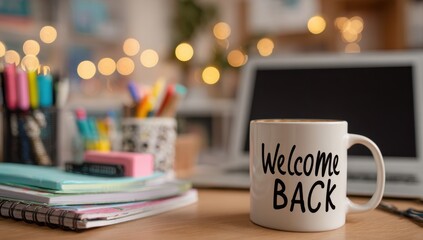 Warm welcome back message on a mug amidst cozy stationery and a blurred laptop, creating a bright and inviting workspace atmosphere.