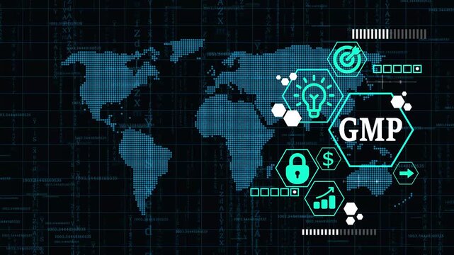 Good manufacturing practice certification quality control on virtual screen. GMP. technology background with Cyberspace binary matrix letter bits.