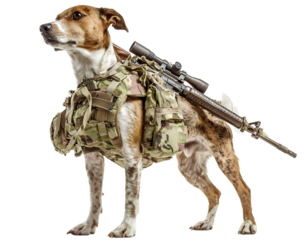  Soldier dog in combat vest with rifle and gear isolated on transparent background