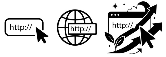 Set of Web Growth and Internet Access with HTTP URL, Global Connectivity and SEO Development — Symbol of Digital Ecosystem, Online Marketing and Web Technology

