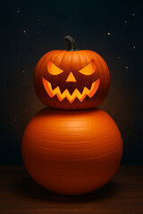 Funny Halloween Pumpkin on Exercise Ball – Spooky Fitness Concept Pilates