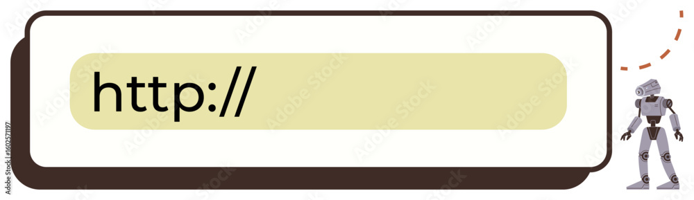 Poster web url bar with http in focus, accompanied by a minimal robot figure suggesting ai integration. ide