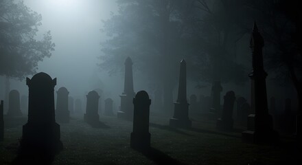 Graveyard Scene with Fog and Moonlight
