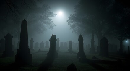 Graveyard Scene with Fog and Moonlight
