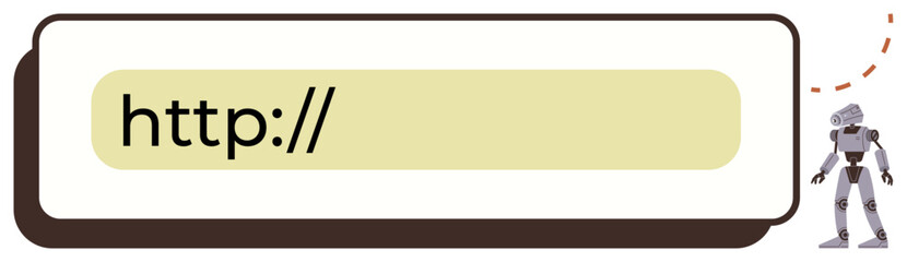 Web URL bar with http in focus, accompanied by a minimal robot figure suggesting AI integration. Ideal for technology, AI, innovation, digital transformation, web, automation progress. Simple flat