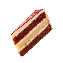 Dynamic composition of slice of cake sliced and floating diagonally, isolated on transparent background