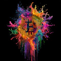 Dynamic Bitcoin symbol crafted from vibrant, exploding paint splashes against a dark background. A striking and artistic representation of cryptocurrency and digital finance.
