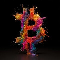Dynamic Bitcoin symbol crafted from vibrant, exploding paint splashes against a dark background. A striking and artistic representation of cryptocurrency and digital finance.