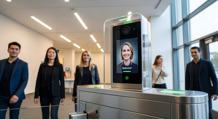 Biometric security system with facial recognition technology for smart office access control, scanning a woman at an automated turnstile