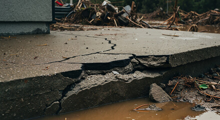 Cracked concrete foundation after flood event with debris nearby  