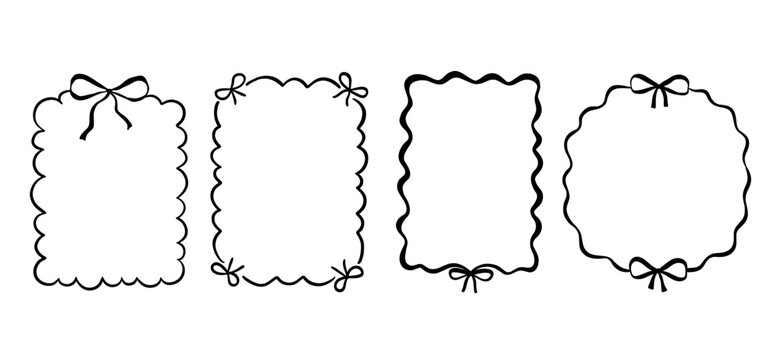 Whimsical coquette frame with ribbon and bow for party or valentine holiday card. Hand drawn line and decorative border
