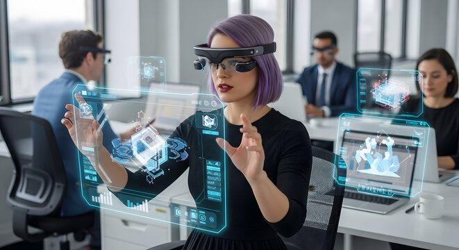 Innovative female designer using augmented reality headset to work with a holographic user interface in a futuristic office