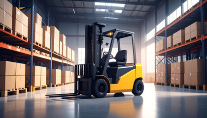 Industrial warehouse scene featuring a forklift, highlighting logistics in a soft amb
