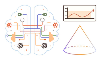 Brain outline with neural connections, growth chart with upward trend, and cone-shaped diagram. Ideal for AI, machine learning, neuroscience, innovation, data science, problem-solving conceptual