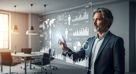 Professional executive manager analyzing global business data on a futuristic virtual touchscreen interface for corporate strategy.