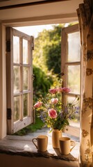 Sunlit window with fresh flowers and mugs, capturing a warm and inviting morning atmosphere in a cozy home setting.