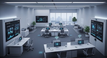 Futuristic smart office interior with advanced data visualization on large screens and networked workstations. A modern corporate command center concept.