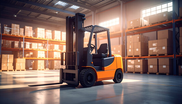 Industrial warehouse scene featuring a forklift, highlighting logistics in a soft amb