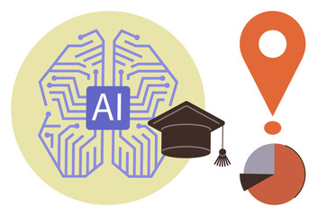 Circuit-themed brain labeled AI, graduation cap, location pointer, pie chart, and exclamation mark. Ideal for technology, innovation, data analysis, education AI applications in learning research