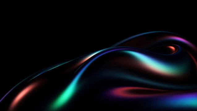 Black dark abstract background. Iridescent fluid glass wave. Prism shape 3D render. Smooth curve transition. Rainbow light flare. Bright glow shimmer. Neon metallic futuristic blur texture