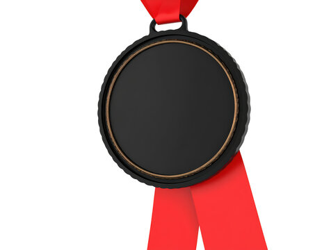 Black medal with red ribbon isolated on transparent background