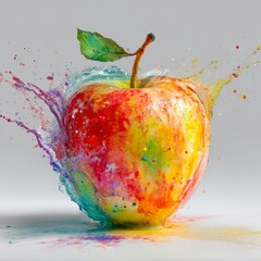 Vibrant apple bursting with colorful paint splashes against a clean white background. A dynamic and artistic image perfect for themes of health, creativity, and fresh ideas.
