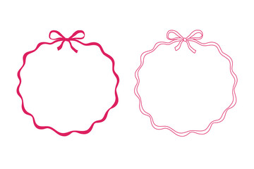 Hand drawn circle frame with bow and whimsical ribbon for cute card or holiday menu. Decorative pink line and vintage border in coquette style.