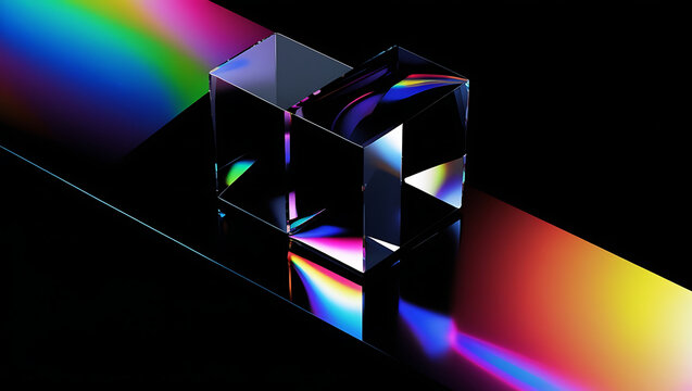 Black dark background with holographic crystal prisms. Rainbow neon light reflection. Color gradient glow. Smooth surface. Shiny glass edges. 3D abstract geometric shape. Futuristic glossy blur