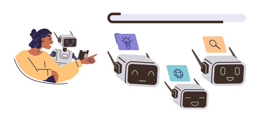 Woman interacting with robots showcasing creative and analytical task cards, including ideas, web browsing, and search. Ideal for AI concepts, collaboration, innovation, technology, education