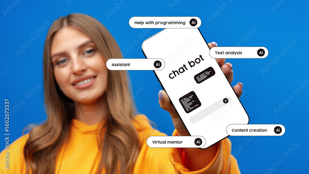Poster chat bot assistant offers support for programming and content creation with ai technology