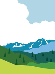 Mountain scenery under blue sky and white clouds vector poster background