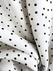 A detailed close-up of soft white satin fabric with classic black polka dots. Elegant, retro-style...