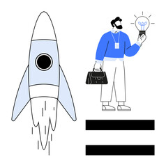 Businessman holding a glowing light bulb symbolizing ideas, next to a launching rocket. Ideal for concepts thumbs up innovation, startups, creativity, growth, entrepreneurship, success, and vision