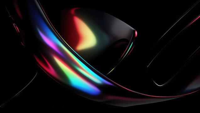  Black dark abstract background. Iridescent glass prism shape. Minimalist fluid 3D render. Camera flare, rainbow light reflection. Smooth curve. Glow shimmer neon metallic. Blurred digital texture.