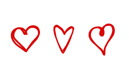 Set of hand drawn red heart shape isolated on transparent background. Romantic Doodle style symbol. Valentine's day design collection. 