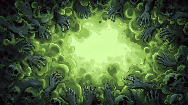 top view of green slime-covered table with zombie hands reaching inward, clear circular space for Halloween