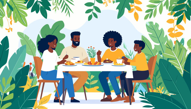 Joyful Black family of four eating together at a table surrounded by lush green plants. - Powered by Adobe