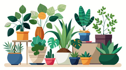 Obraz premium Vector art of a charming display of various houseplants on wooden shelves and surfaces creating a cozy atmosphere isolated on white background