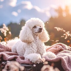 Relaxed white poodle lying on soft blanket in nature at sunset with peaceful expression and warm sunlight