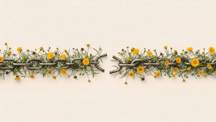 Flat lay of broken iron chain transforming into blooming wildflowers on a light cream background. Soft top lighting, minimalist style, symbolic of healing and peace, 8K with centered copy space