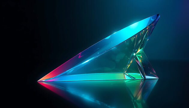 Blue pink neon prism crystal on dark background. 3D abstract geometric shape. Color gradient glow. Smooth reflection. Bright light shimmer. Futuristic shine. Holographic vibrant blur