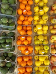 A vibrant display of fresh produce, showcasing avocados, oranges, and apples.