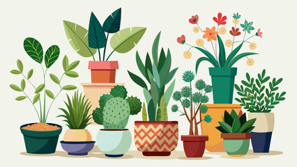 Vector art of a diverse display of potted plants and flowers in various containers isolated on white background