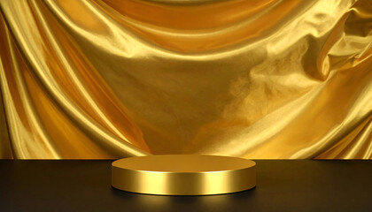 podium with golden fabric placed top luxury premium pedestal elegance background product presentation backdrop empty scene