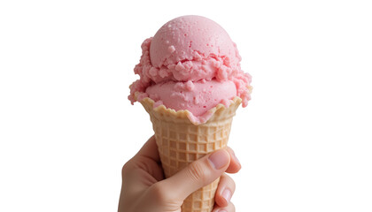 Hand Holding Pink Ice Cream in Waffle Cone – Close-Up on Transparent Background