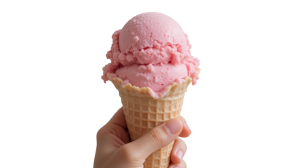 Hand Holding Pink Ice Cream in Waffle Cone – Close-Up on Transparent Background