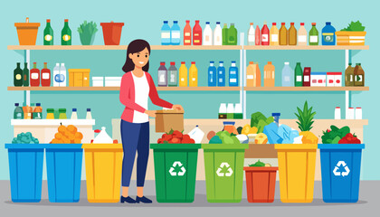 Woman sorting food waste into colorful recycling bins with logos, illustrating a sustainable and eco-friendly lifestyle.