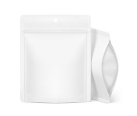 Realistic stand up pouch bag with hole slot mockup. Front view. Vector illustration isolated on white background. Ready for your design. EPS10.	