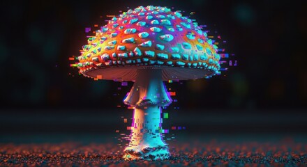 Glowing mushroom with digital glitch effect in dark forest