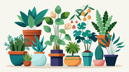 Vector art of a cheerful gathering of potted plants including leafy varieties and succulents arranged to bring life and color to any indoor space